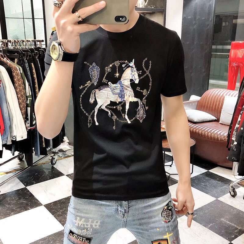 brand short sleeve slim fit round neck new hot style heavy duty rhinestone fashion T shirt trendy clothing pure cotton