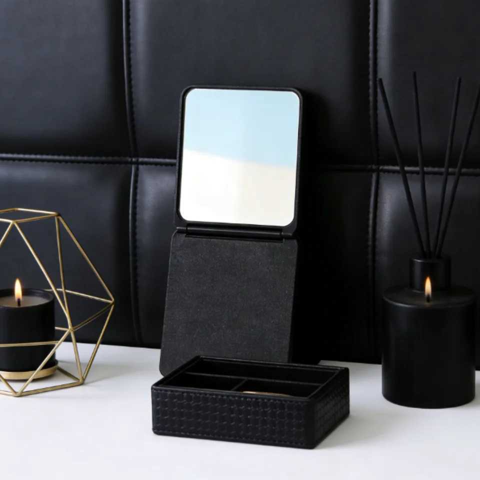Black Square Double-Sided Portable Makeup Mirror Travel Compact Small Standable Mirror Student Dorm Desktop Vanity Daily Accesso H260327