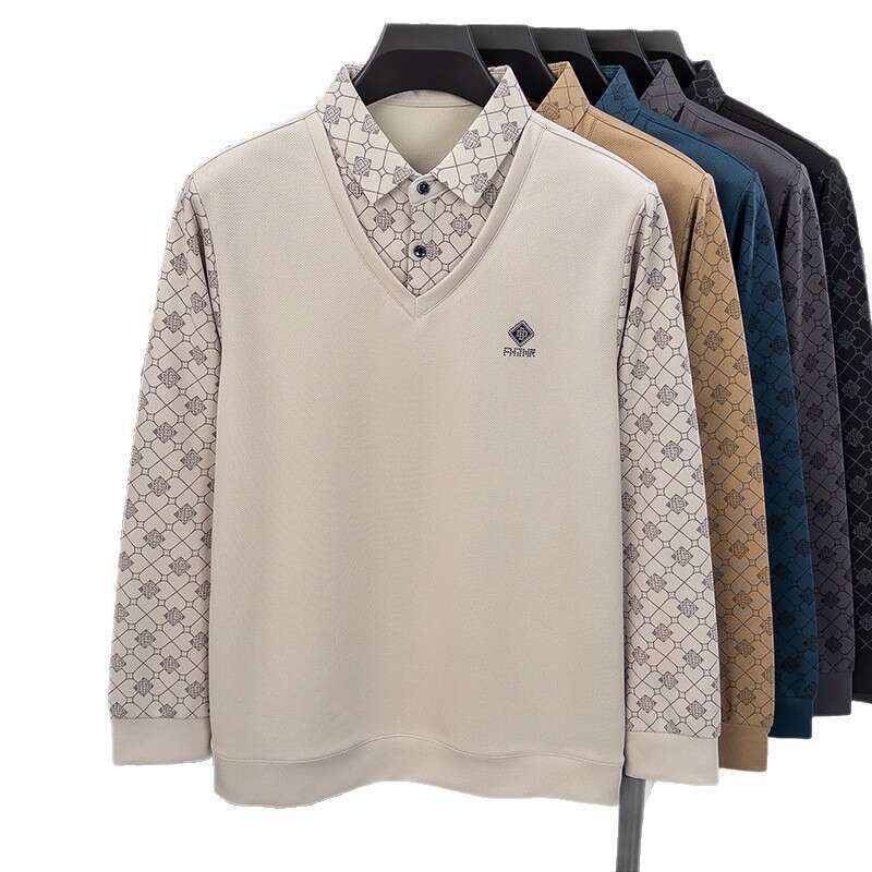 Fake two piece pullover long sleeve T shirt men with a turn down collar suitable spring autumn middle aged and elderly people printed design style - view 6