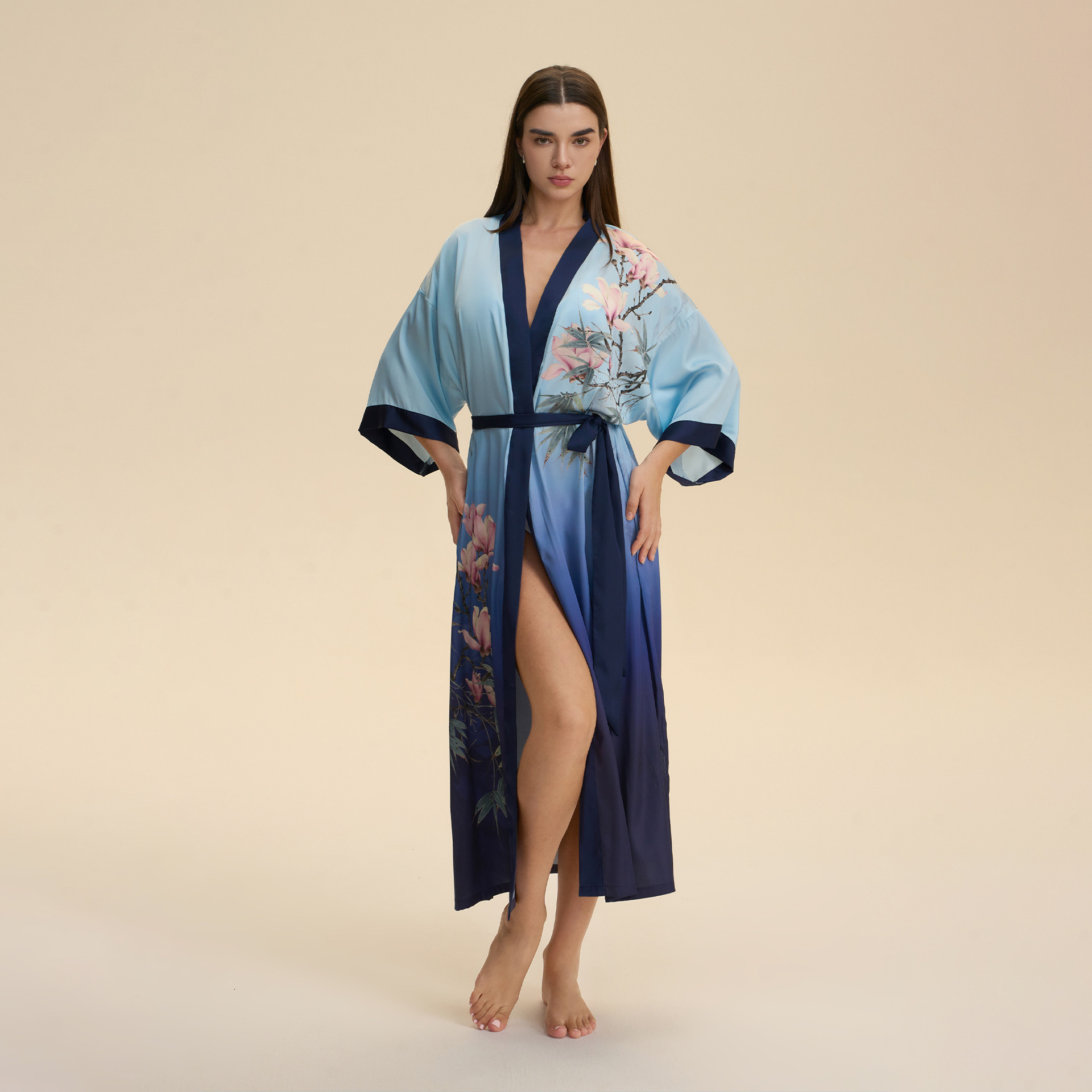 Bathrobe Women Various Floral Print Satin Chiffon Kimono Collar Elegant Long Robe