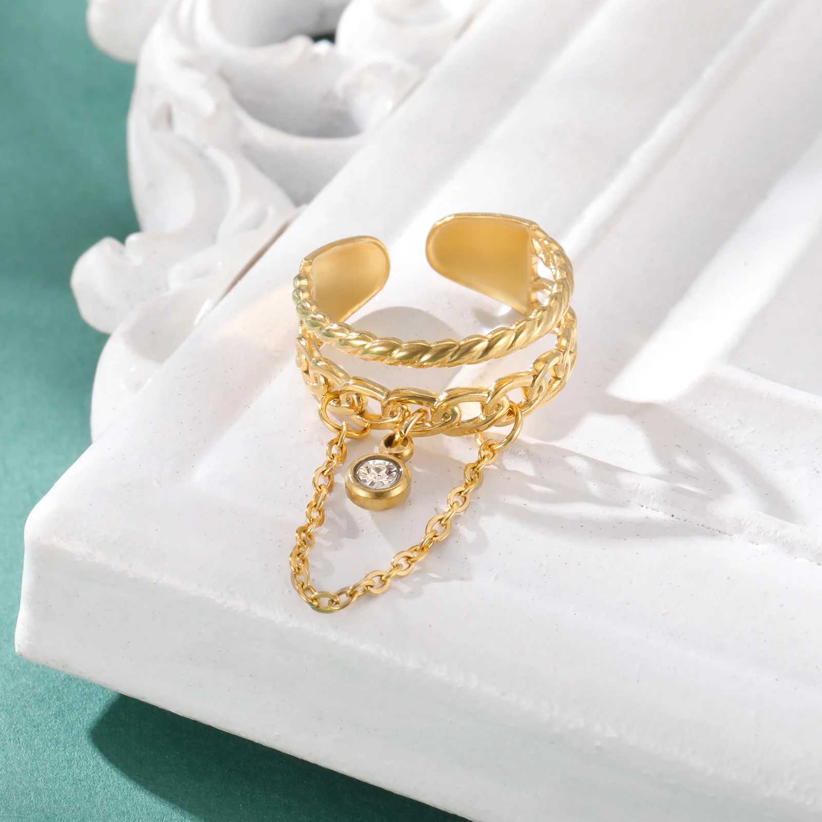 Lemegeton Open Ring for Couple Small Charm Jewelry Stainless Steel Chain Accessories Heart Zircon Beauty Fried Dough Twists New H260327