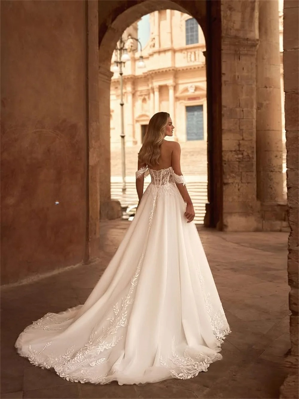 Charming Summer A Line Wedding Dresses Lace Applique Off The Shoulder Backless Bridal Gowns Customizable Robe De Mariee with Flowers M27