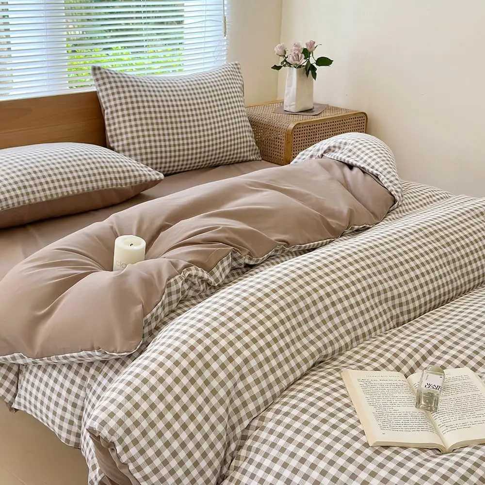 Tan Plaid Microfiber Queen Duvet Cover Set - Soft Lightweight Breathable 3-Piece Bedding H260327