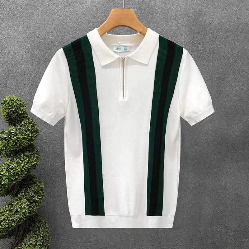 Luxury Brand Designer Summer Korean-style youth casual ice silk slim-fit men vertical striped turn-down collar knitted short-sleeve T-shirt business p