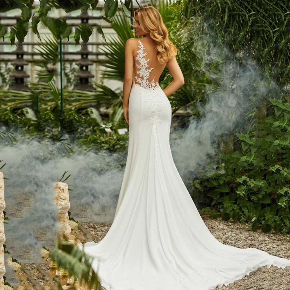 Simple Bride Gowns O-Neck Appliques Beach Wedding Dresses for Women 2026 Mermaid Princess Illusion Back Boho Vestido De Noiva M27