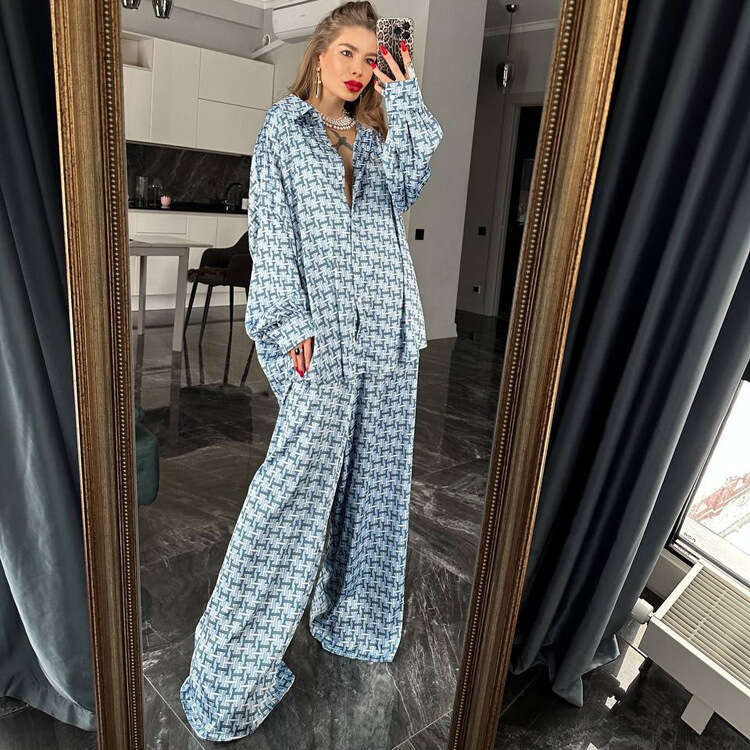 2026 Spring/Summer New European American Women's Fashion Outfit: A Complete Set Of Long-Sleeved Shirt And Wide-Leg Pants With Letter Print