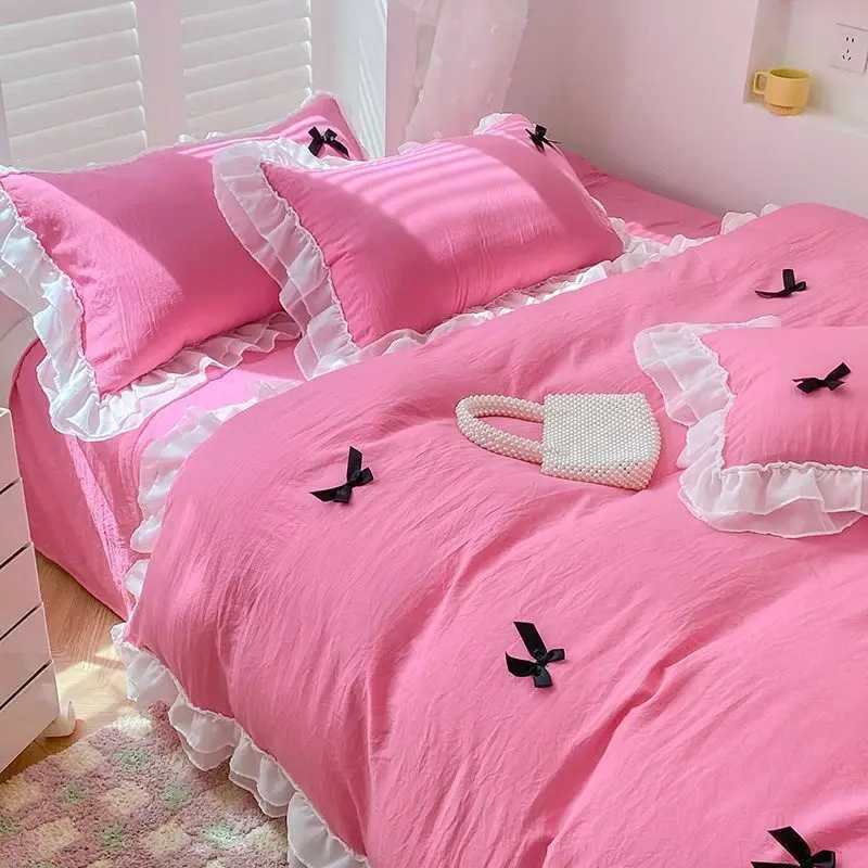 French Ins Princess Style Lace Four-piece Set Washed Cotton Embroidered Quilt Cover Set Bow Girly Heart Bed Sheet Three-piece H260327