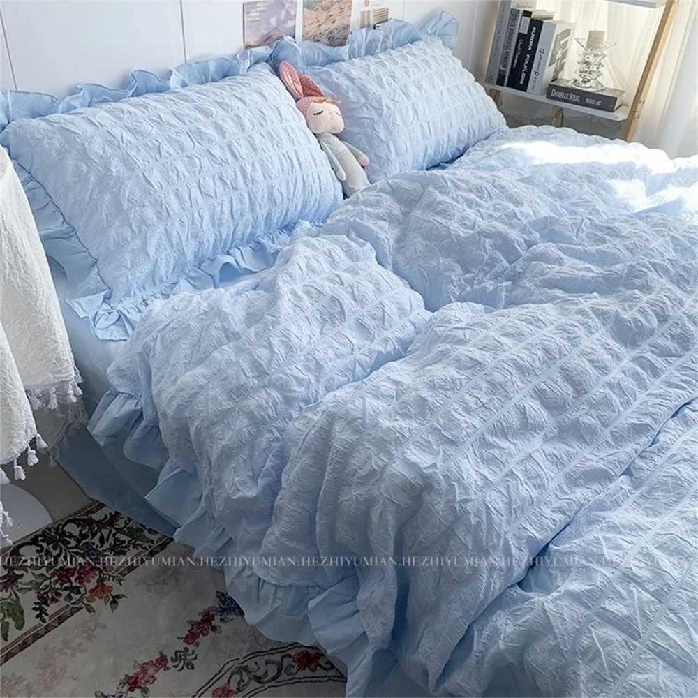INS Girl Blue Bedding Sets Solid Color Seersucker Ruffles Lace Kawaii Soft Sheet Woman Duvet Cover Pillow Covers Quilt Cover H260327