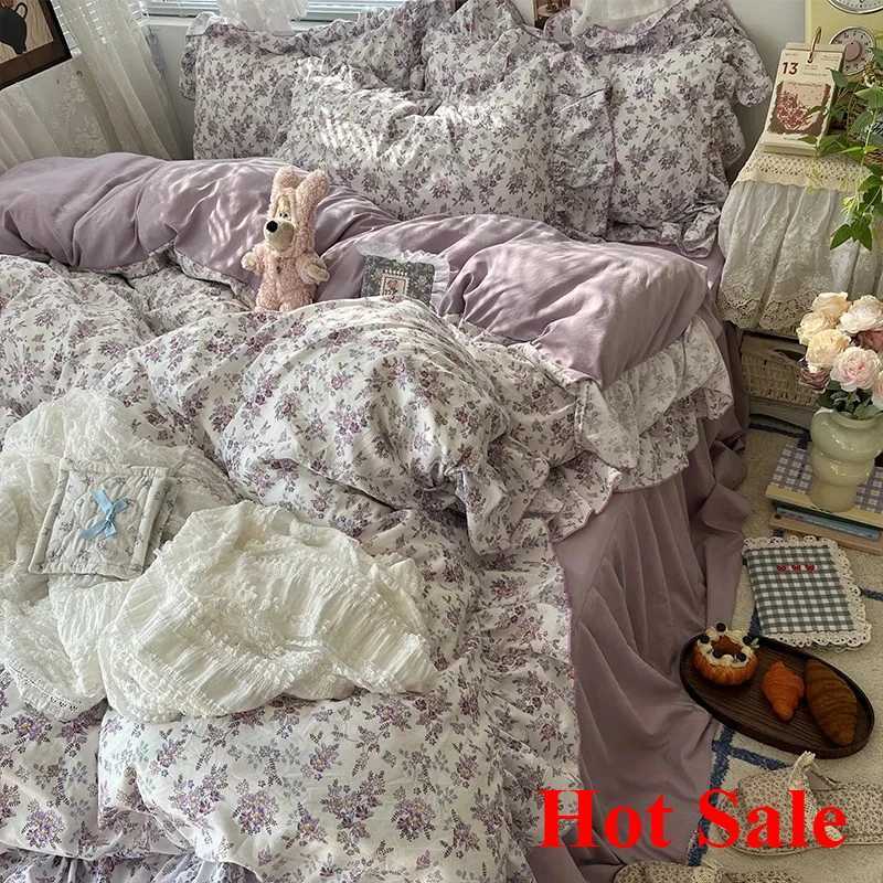 Korean Princess Style Floral Ruffles Bedding Set Skin-friendly Soft Duvet Cover Set Bed Sheet Or Bed Skirt Pillowcases H260327