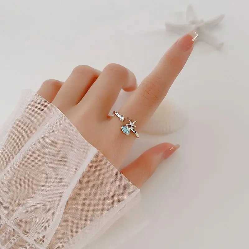 New Fashion Creative Shell Starfish Zircon 925 Sterling Silver Jewelry Temperament Fairy Personality Sweet Opening Rings TYB083 H260327