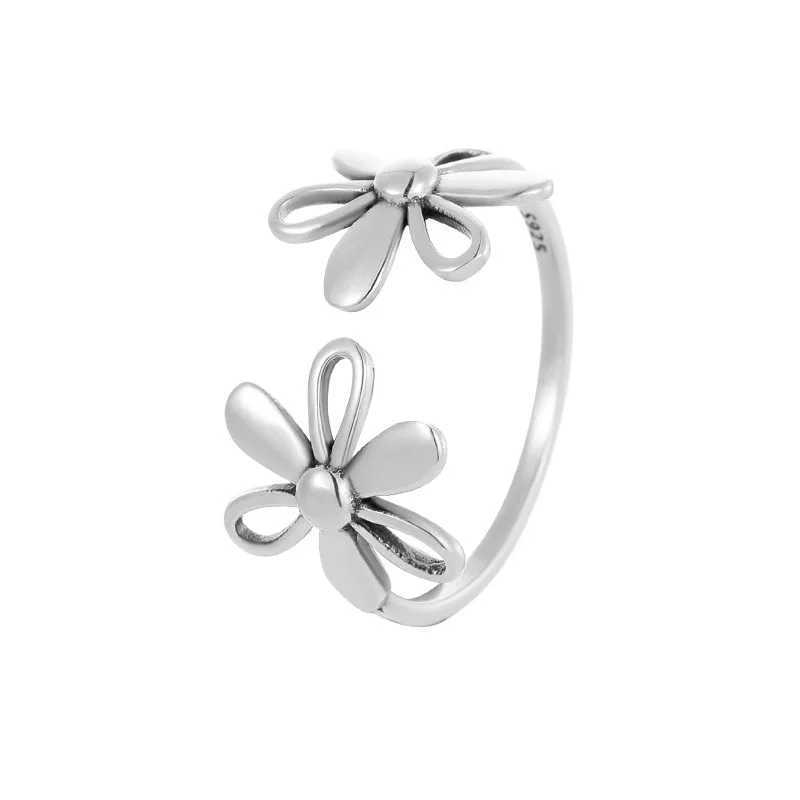 925 Sterling Silver Rings For Women Geometric Fine Jewelry Finger Adjustable Simple Vintage FLower Ring For Party Birthday Gift H260327