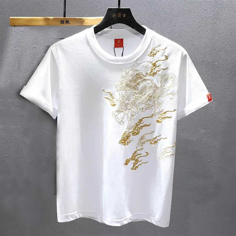 Summer Golden Qilin Embroidery Mens T-shirt Fashion Loose Casual Tops Short Sleeve Tees National Trend Mens Clothing C260326