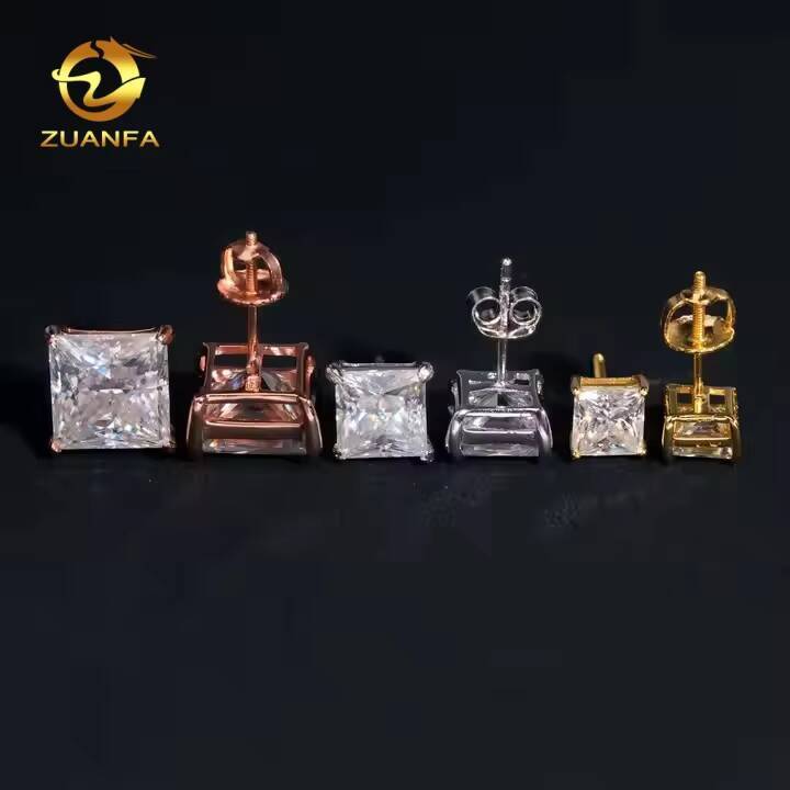 Wholesale Fashion Jewelry Princess Cut Single Diamond Ear Studs VVS Moissanite 925 Sterling Silver Stud Earring for Men Women