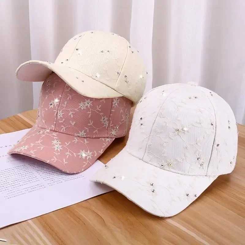 Spring Summer Rhinestone Embroidered Flower Baseball Korean Fashion UV Sun Hat Casual Stylish M260327