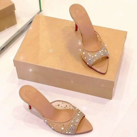 Mesh rhinestone pearl for women, thin heel pointed toe red sole high heels, nude crystal slip-on sandals c02