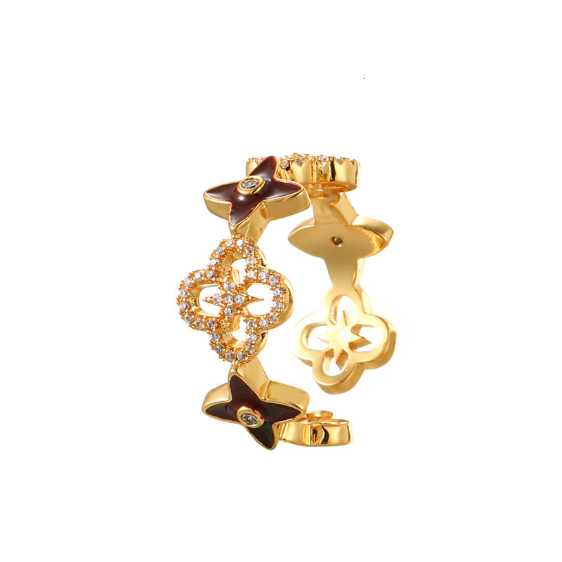 Luxury Brand Designer Jewelry Fashion Micro Pave Zircon Four-Leaf Clover Ring For Women Hollow Design High-End Light Luxury Open Ring Versatile Exquis - view 6