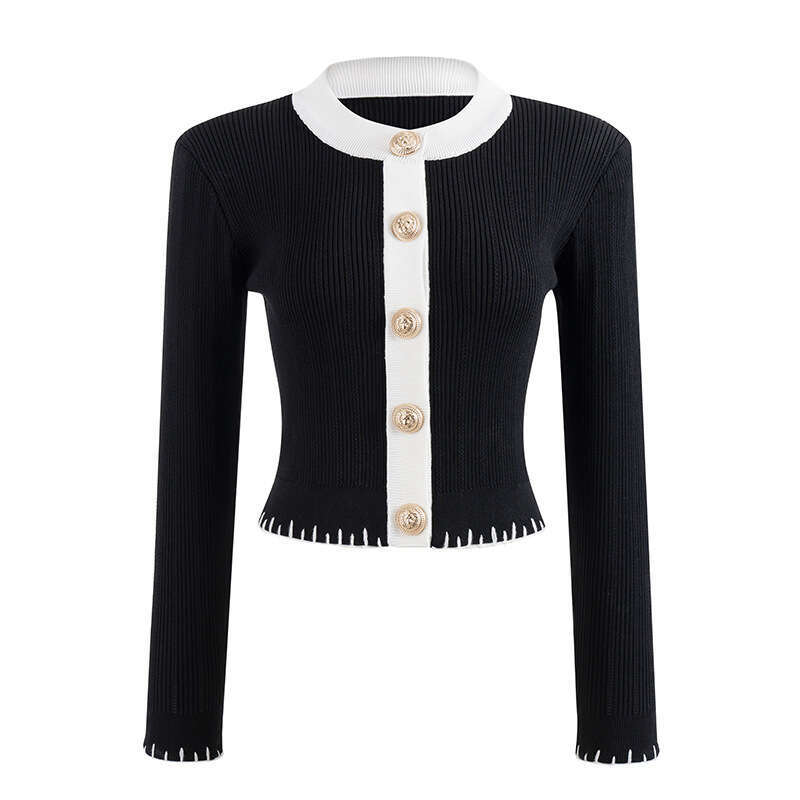 2026 early spring new designer elegant round neck CC contrasting hem lace c1 trimmed slim knit cardigan top