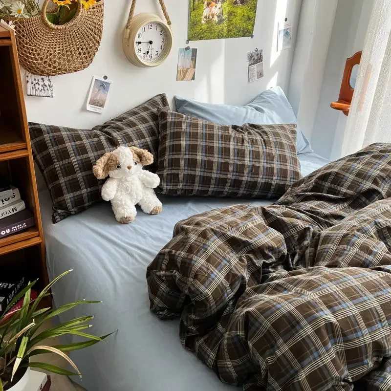 Bedding Set Ins Ambiance Blue Coffee Grid Mixed With Washed Cotton Minimalist Four Piece Set Fitted Sheets Duvet Cover H260327