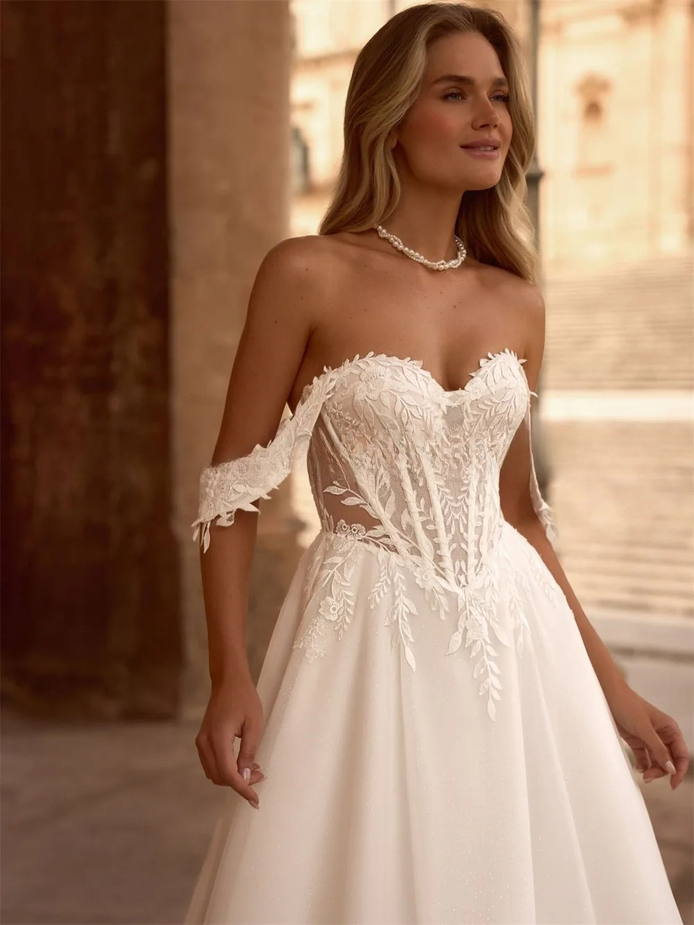 Charming Summer A Line Wedding Dresses Lace Applique Off The Shoulder Backless Bridal Gowns Customizable Robe De Mariee with Flowers M27