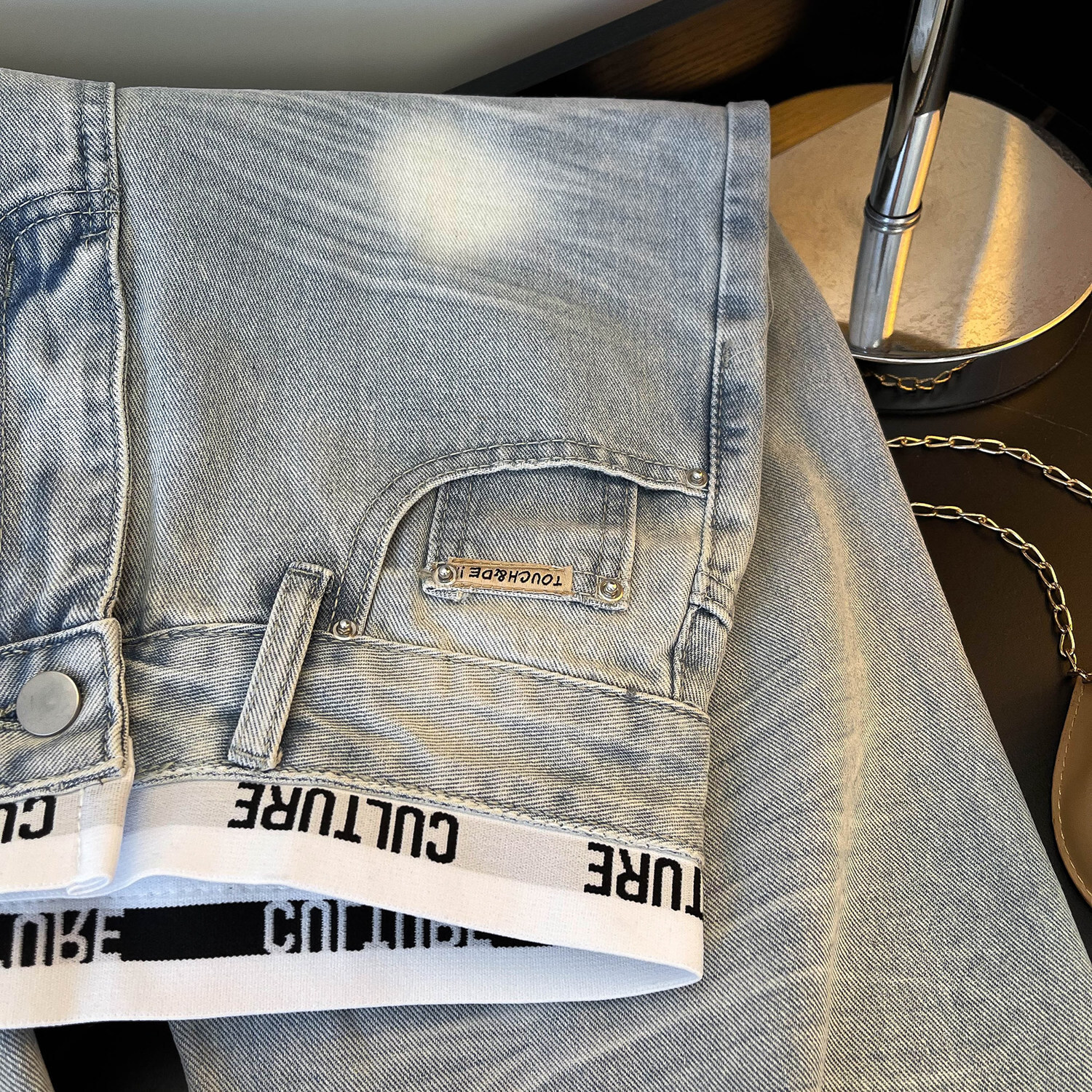 Luxury Brand Designer American retro patchwork distressed jeans for women new spring and autumn style light blue high-waisted slimming loose wide-leg 
