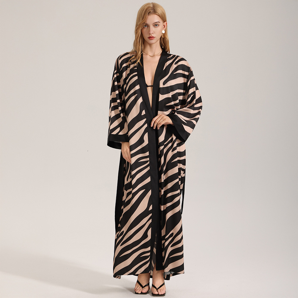 Pajama Robe European American Chiffon Women Pajamas Autumn Long Sleeve Zebra Pattern Breathable Single Robe Loungewear For Women
