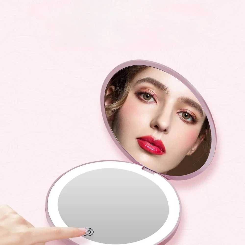 1X/10X Magnification LED Pocket Mirror Portable Handheld Rechargeable Compact Cosmetic Mirror with Light Travel Round Folding H260327