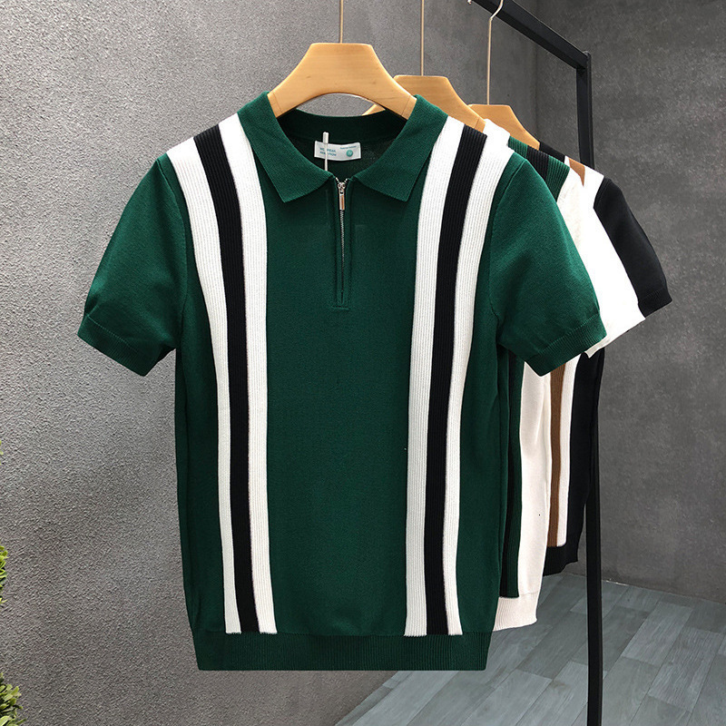 Luxury Brand Designer Summer Korean-style youth casual ice silk slim-fit men vertical striped turn-down collar knitted short-sleeve T-shirt business p