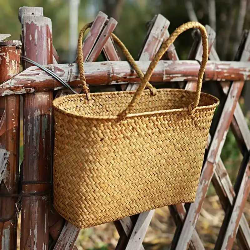 Rural style handmade bamboo woven handbag suitable for beach vacations camping and picnics Available in 2 sizes C260327