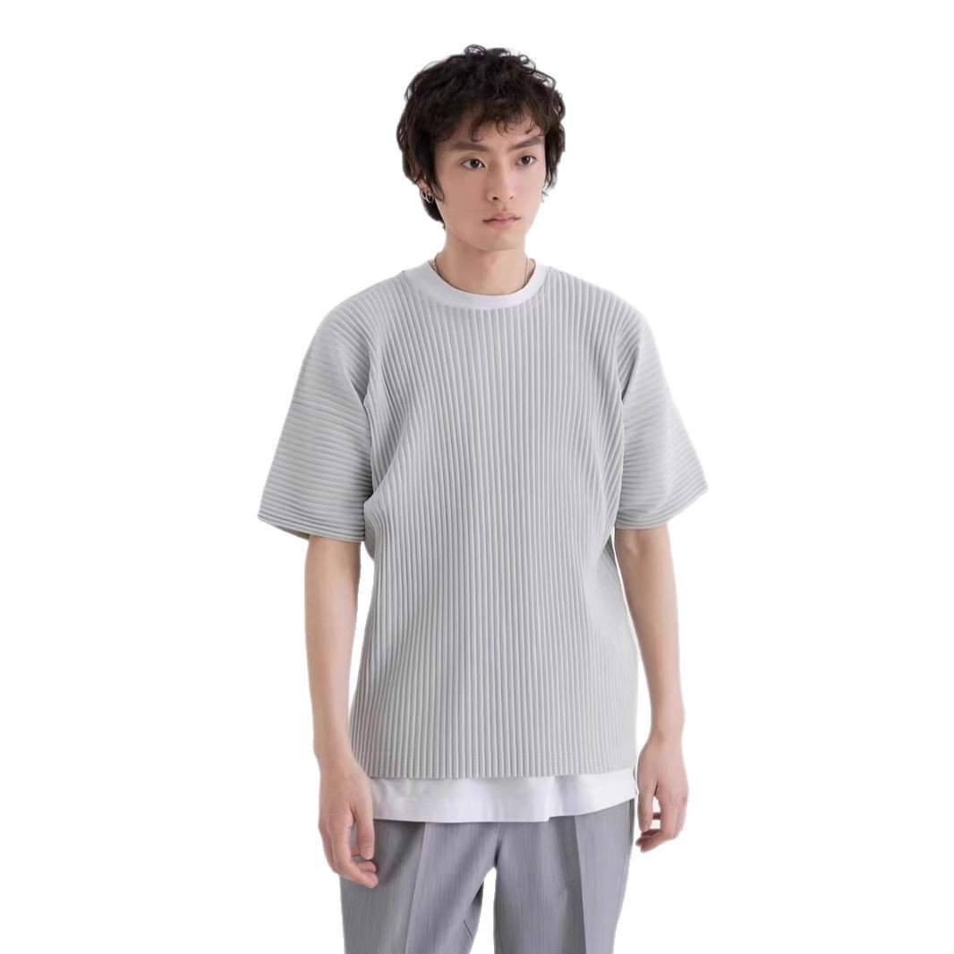 Miyake Yiku Mens Pleated Short-Sleeve Top Loose Casual Half-Sleeve Solid Color Spring/Summer T-Shirt JK 241021