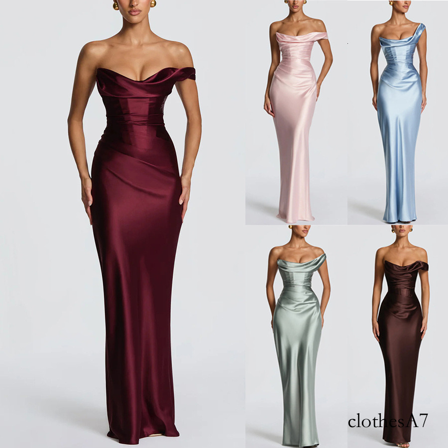 High-quality evening dress 2026 European and American Spring/Summer New Asymmetrical Shoulder Satin Bodycon INS Party Vacation Women's Dress