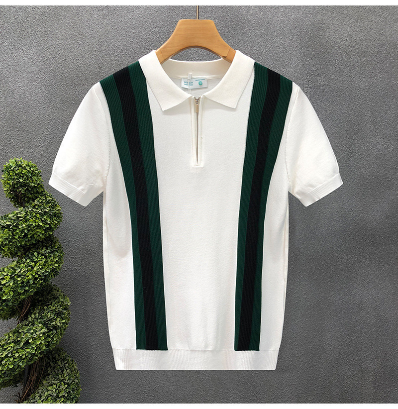 Luxury Brand Designer Summer Korean-style youth casual ice silk slim-fit men vertical striped turn-down collar knitted short-sleeve T-shirt business p