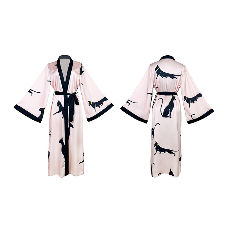 Bathrobe Women Satin Black Leopard Print Bathrobe Nightgown Long Sleeve Tie Loungewear