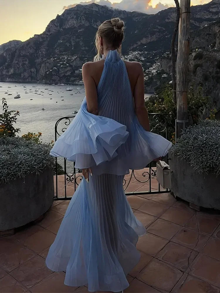 Light Blue Halter Neck Pleated Two Piece Set Women Sheer Chiffon Ruffled Top Maxi Skirt Suit Elegant Vacation Evening Party Sets 260326