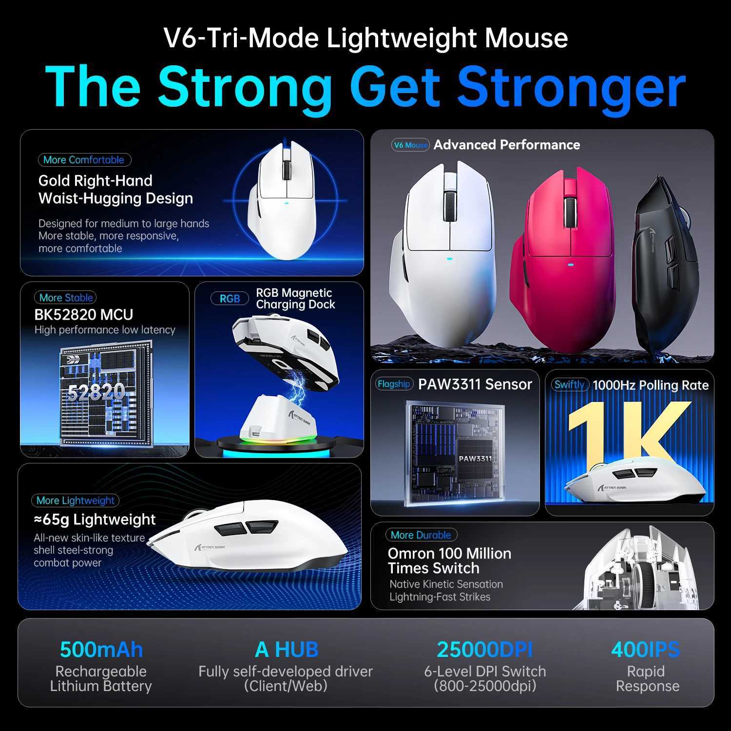 V6 ATTACK SHARK Touch Magnetic Charging Base Wireless MouseBluetooth Tri-Mode Connection25KDPI Macro Gaming Mouse D260327