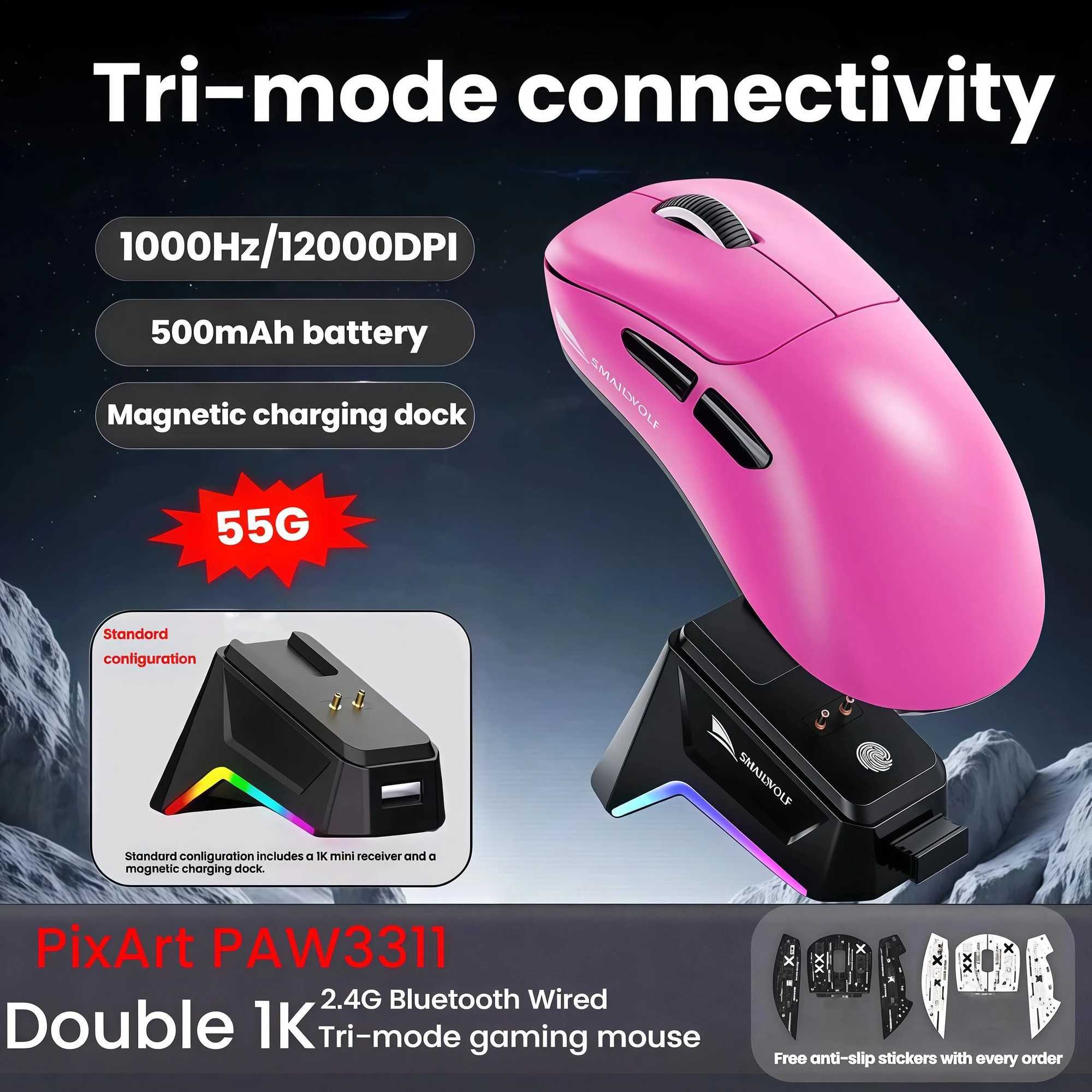 SMAILWOLF M5 Bluetooth Wireless Mouse Gaming Laptop Desktop E-Sports Lightweight PAW3311 Wired Magnetic Charging D260327