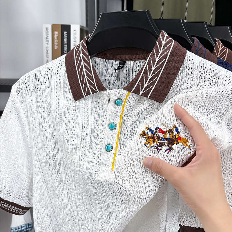 Summer New Fashion Turn down Collar Knitted Short Polo Shirt Loose Casual Jacquard T shirt Middle aged Half Sleeve Top - view 5