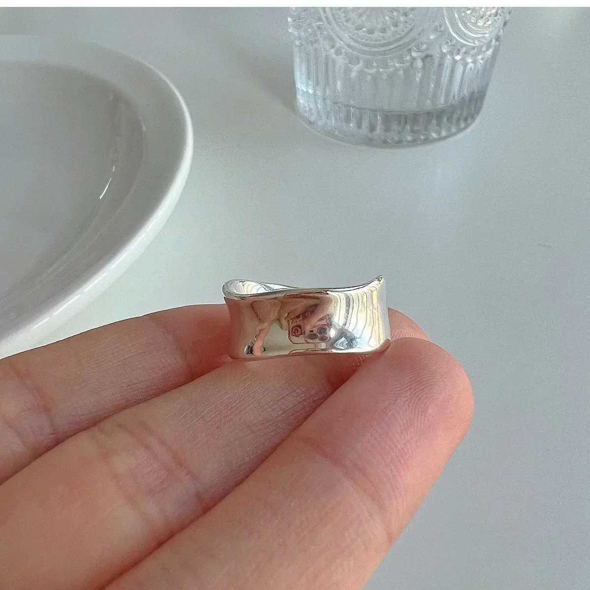 New 925 Sterling Silver Open Rings for Women Fashion Couple Handmade Smooth Wide Irregular Ring Prevent Allergy Jewelry Gifts H260327