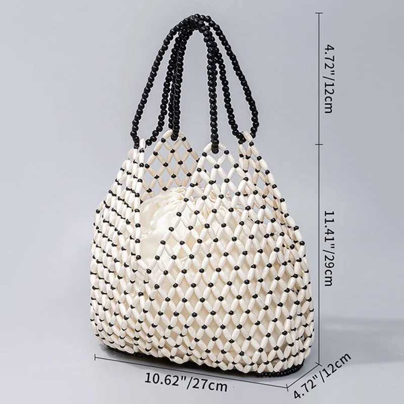Women Woven Hand Bag Exquisite Design Hollow-out Wooden Bead Shoulder Bag Female Daily Shopping Handbag C260327