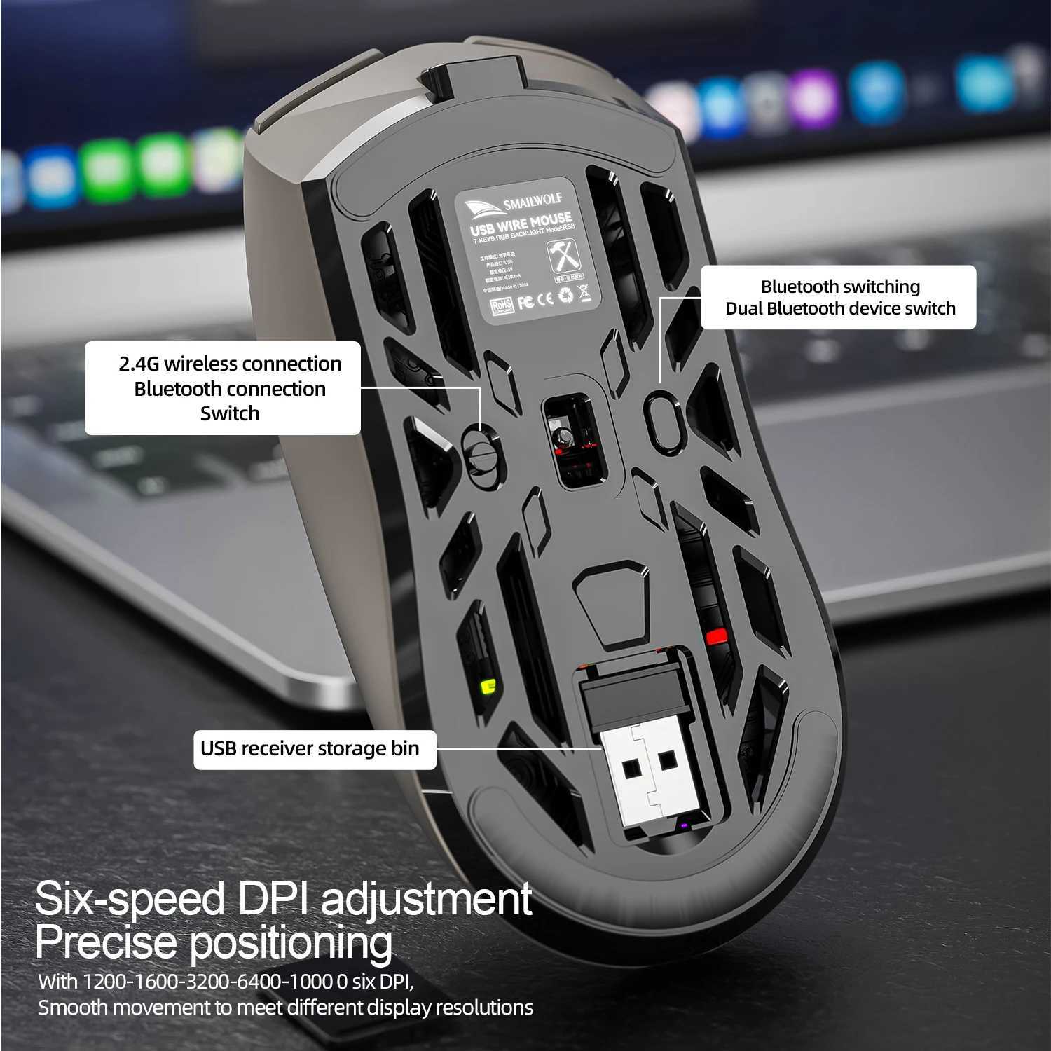 SmailWolf RS8 Bluetooth wireless 24g gaming mouse triple-mode lightweight e-sports gaming 1K return rate 10000DPI computer D260327