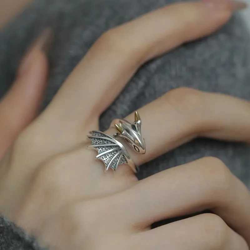 PANJBJ 925 Silve Wing Dragon Punk Ring for Women Girl Party Gift Retro Hiphop Fashion Jewelry Dropshipping H260327