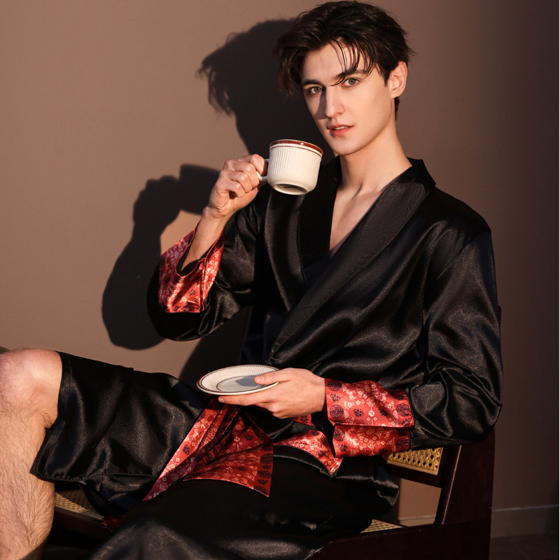 Bathrobe Men's Ice Silk Robe Designer 2026 New Spring Autumn Summer Thin Long Sleeved Long Bathrobe Loungewear Sleepwear For Home Use