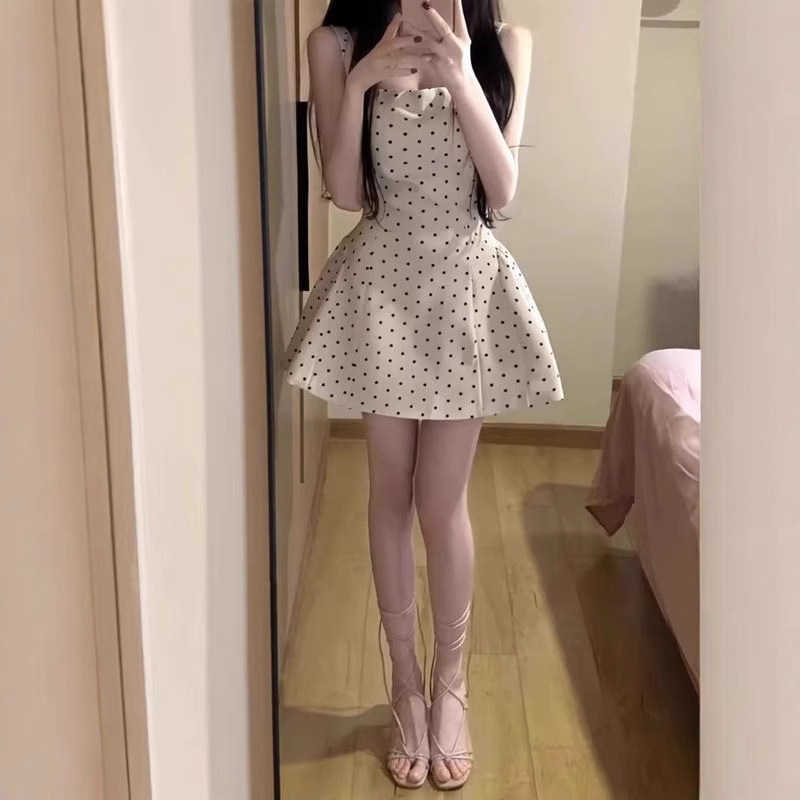 Woman Clothing Casual Dresses Retro Polka Dot Vest Dress Summer Womens Dress Ruched Waist Slimming Short Dress Designer Lady Elegant Dress