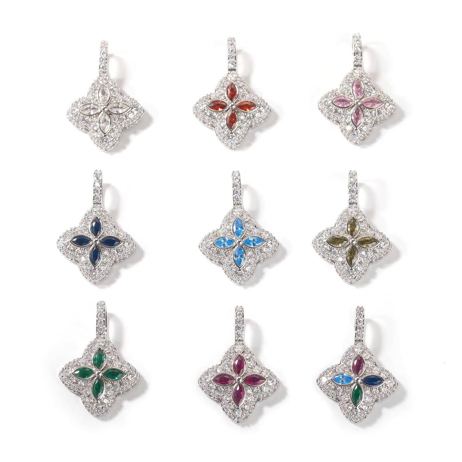 Luxury 925 Silver VVS Moissanite Clover Charms Pendants Necklace Customizable Colorful Four-Leaf Bezel Set Trendy Hip Hop