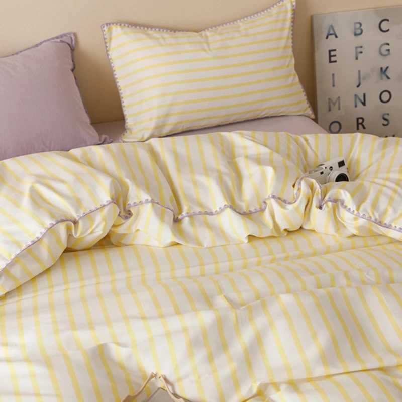 Yellow Stripe Bedding Set Protein Durable Washed Cotton Block Shell Embroidery Comforter Warm Cover Full Size with Pillowcases H260327