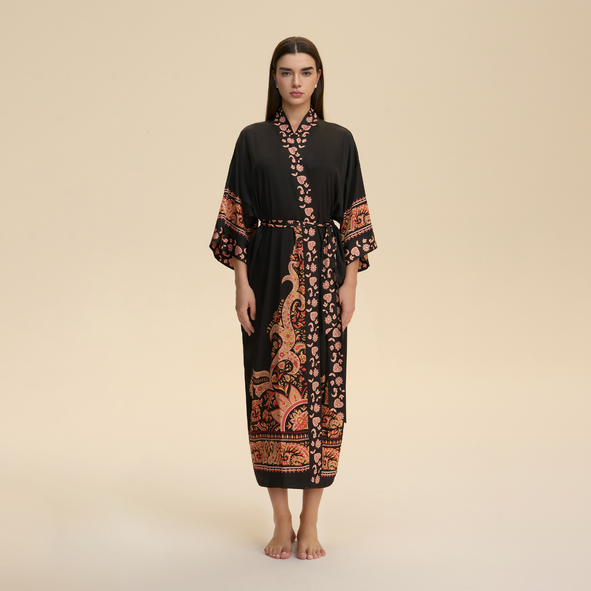 Bathrobe Women Long Sleeved Long Length Tie Waist Loose Comfortable Kimono Style Printed Pajamas Loungewear