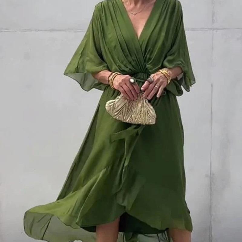 Womens Casual Dresses Woman Clothing Batwing Sleeve Summer Womens Dress European Solid Color Tie Waist Irregular Midi Dress Designer Lady Plus Size Fa