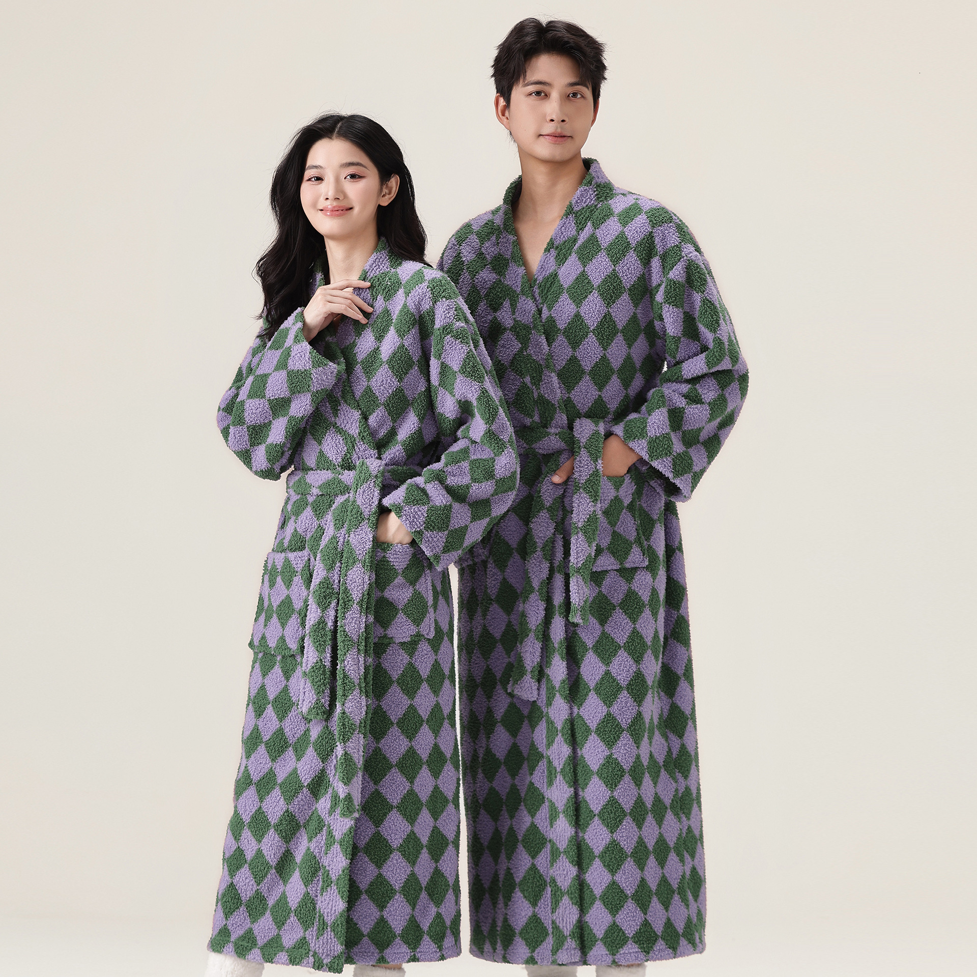 Bathrobe Men Designer V Neck Tie Waist 2026 Nightgown Winter Long Thickened Half Fleece Couple Bathrobe Coral Fleece Loungewear