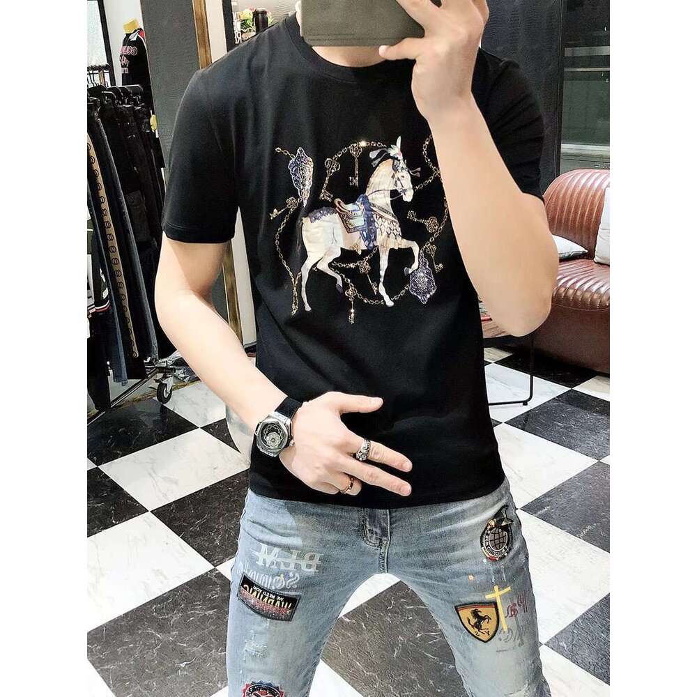 brand short sleeve slim fit round neck new hot style heavy duty rhinestone fashion T shirt trendy clothing pure cotton - view 5