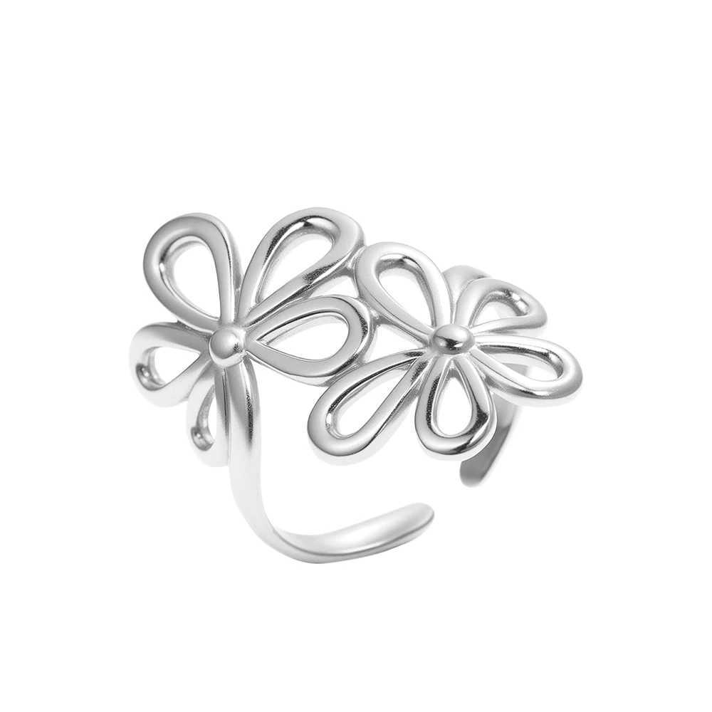 DGIDDK Stainless Steel Double Flower Womens Ring Vintage Flower Opening Adjustable Ring Fashion Wedding Party Jewelry Gifts H260327