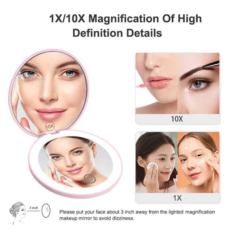 1X/10X Magnification LED Pocket Mirror Portable Handheld Rechargeable Compact Cosmetic Mirror with Light Travel Round Folding H260327